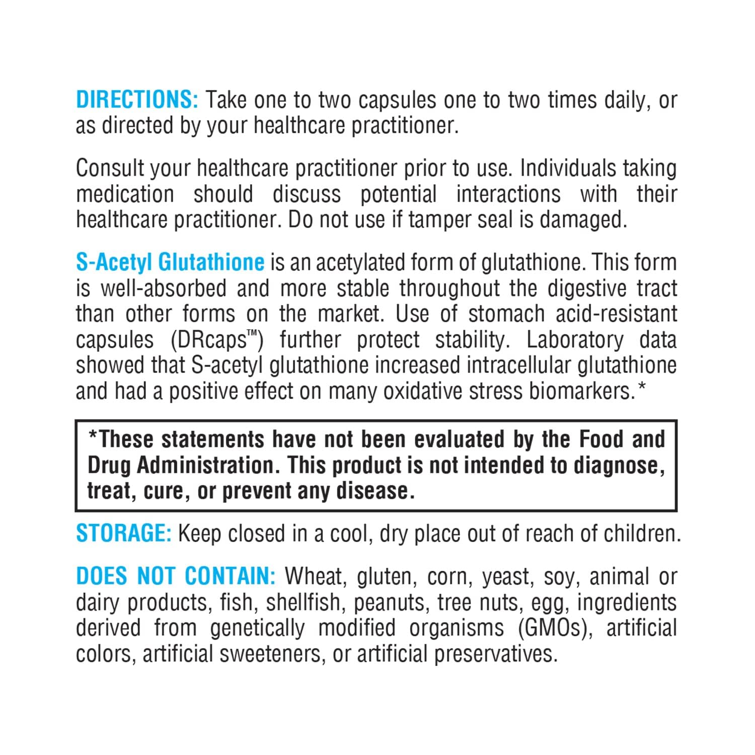 XYMOGEN S Acetyl Glutathione label detail indicates potency and usage direction.