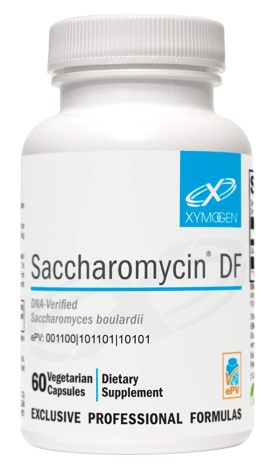 XYMOGEN Saccharomycin 10B bottle front, dairy-free probiotic for gut support.