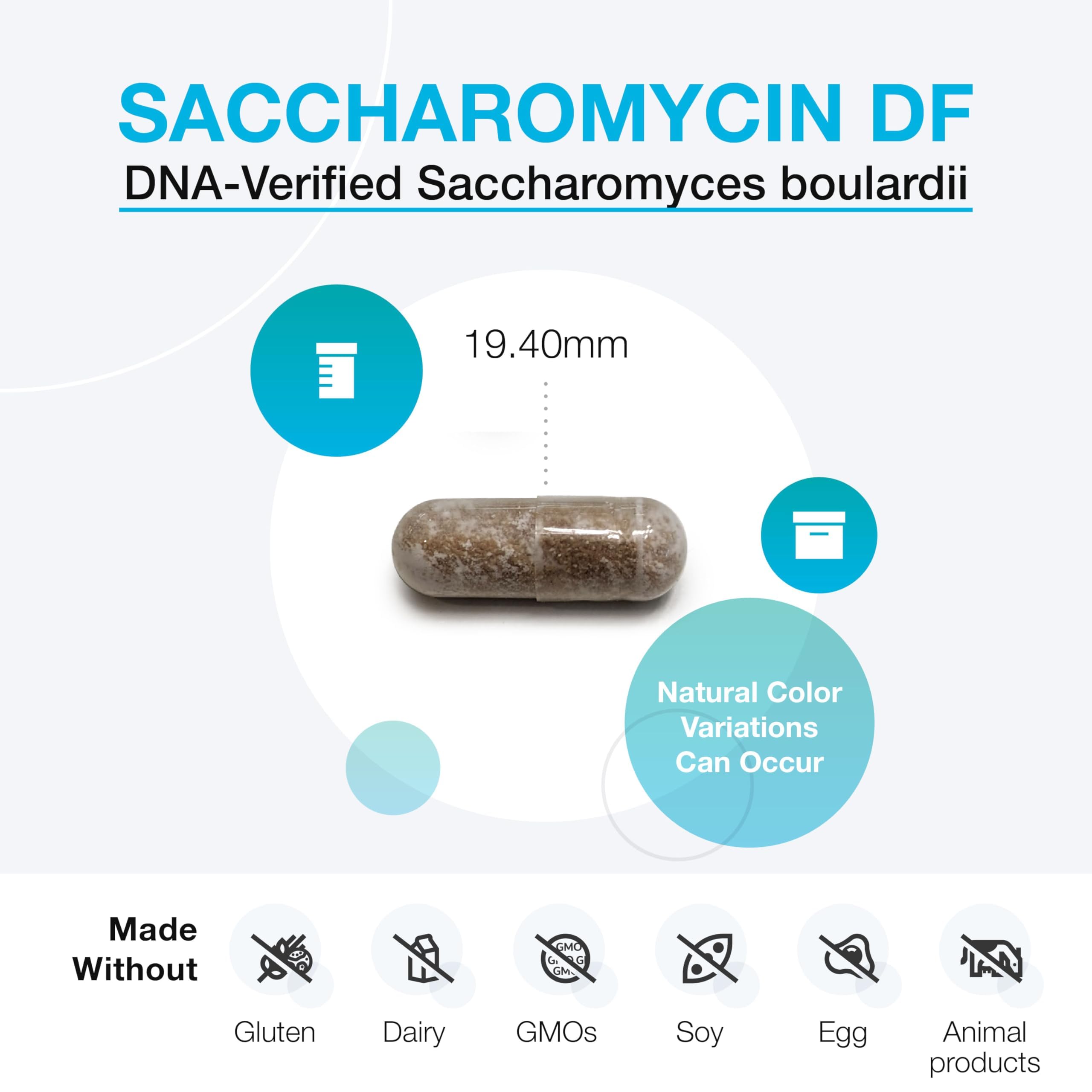 XYMOGEN Saccharomycin 10B capsules-pack suggests travel-friendly daily probiotic.