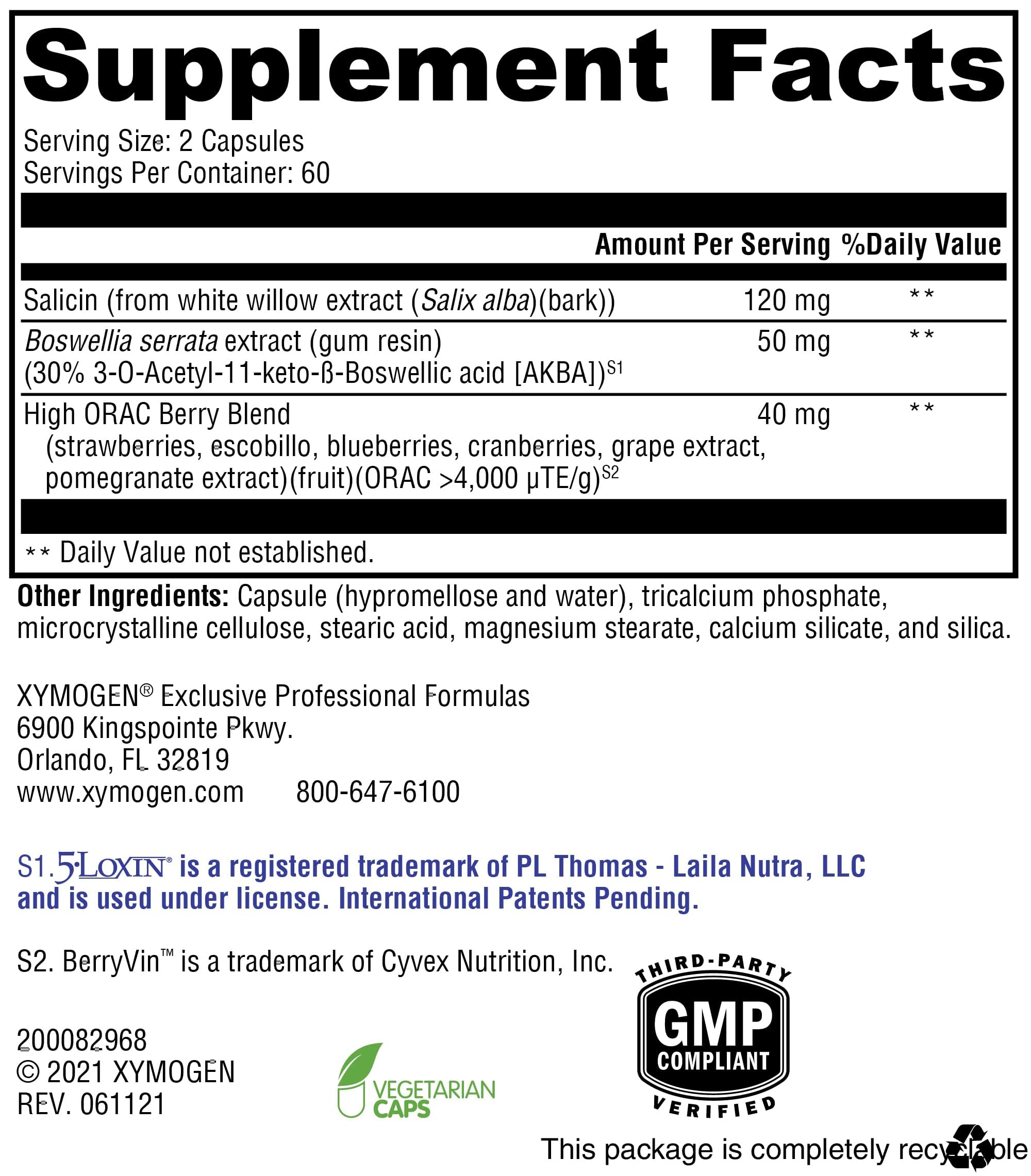 XYMOGEN Saloxicin ingredients label highlighting berry blend for antioxidant support.