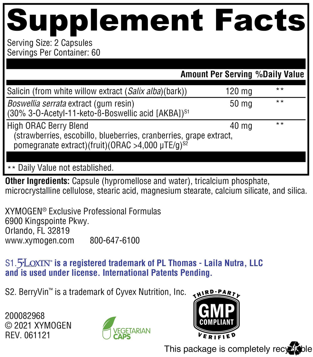 XYMOGEN Saloxicin ingredients label highlighting berry blend for antioxidant support.