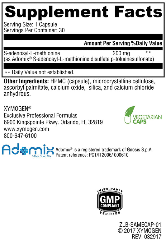 XYMOGEN SAM-e capsules close-up highlights vegan capsules for methylation support