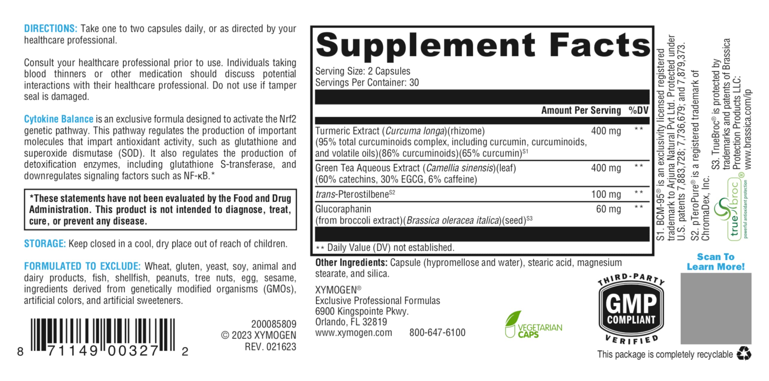 XYMOGEN Cytokine Balance trans-pterostilbene image suggesting longevity-related antioxidant synergy.