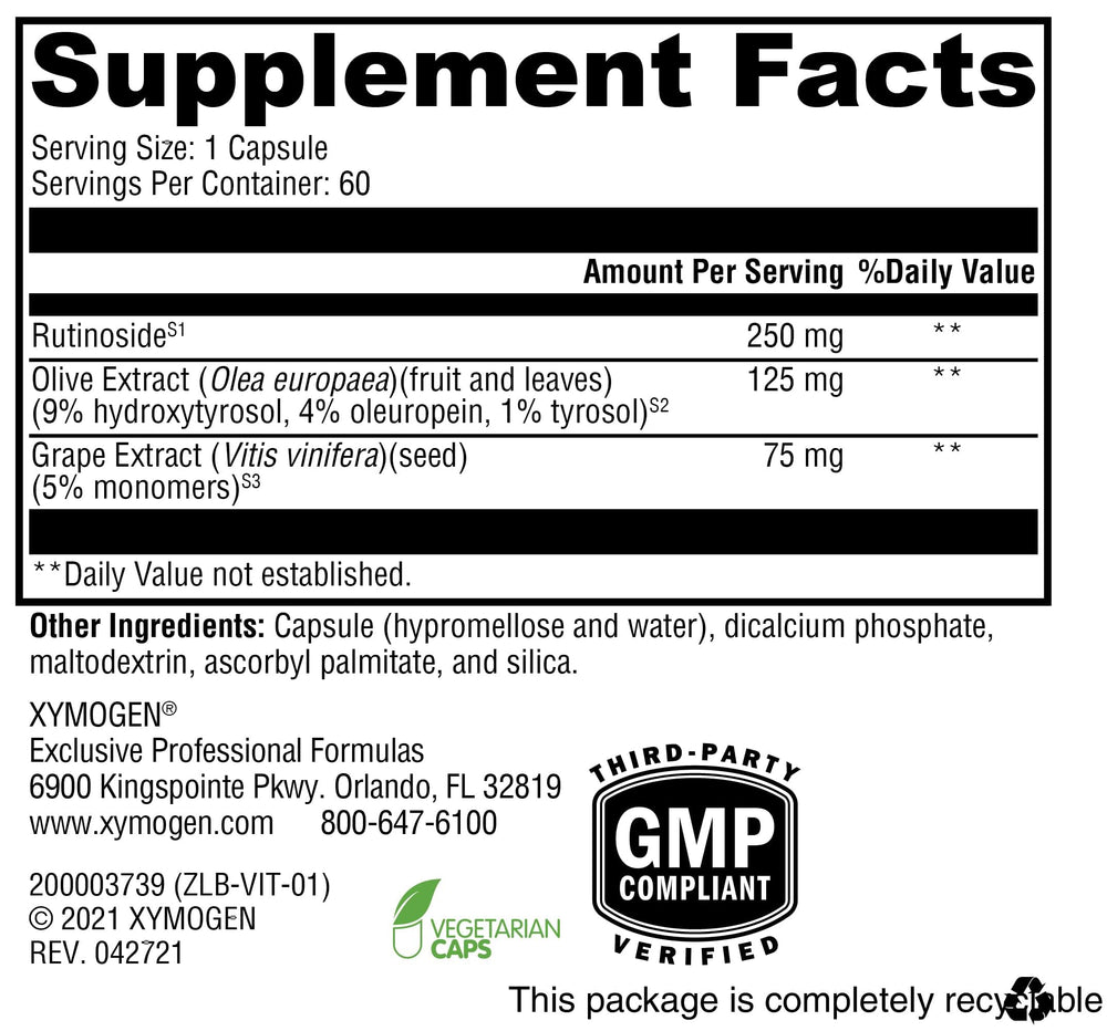 XYMOGEN VitalVasc bottle shows 60 capsules for healthy blood flow.