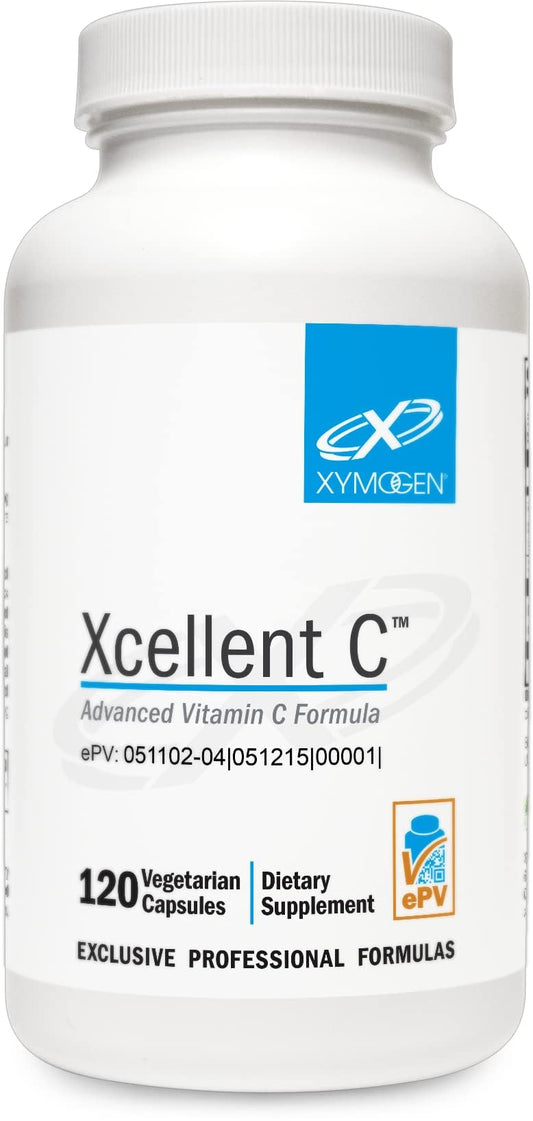 XYMOGEN Xcellent C bottle cap closeup highlighting high-potency vitamin C capsules for daily immune support.