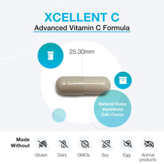 XYMOGEN Xcellent C label highlights BioPerine and mineral buffers for absorption and digestion.