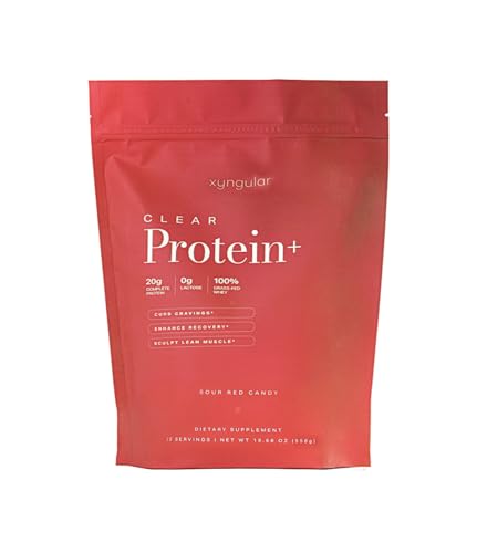 Xyngular Clear Protein+ Sour Red Candy glass shows a light, refreshing protein drink.