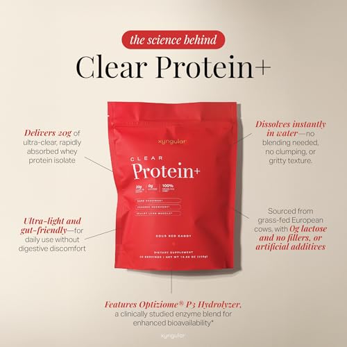 Xyngular Clear Protein+ Sour Red Candy being poured into water for instant mix.