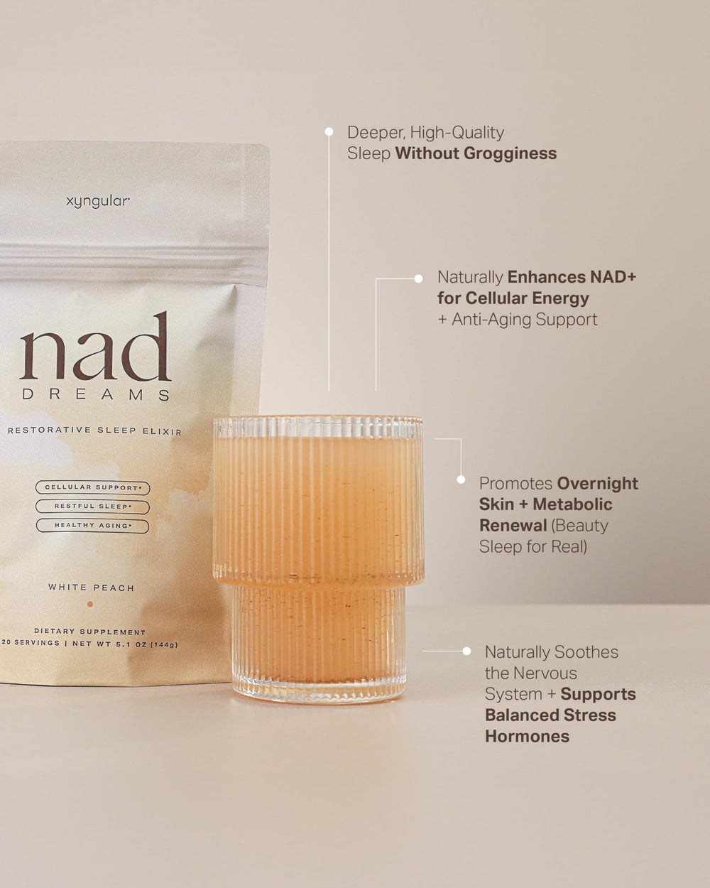 Xyngular NAD Dreams bottle side view highlighting easy nightly dosing.