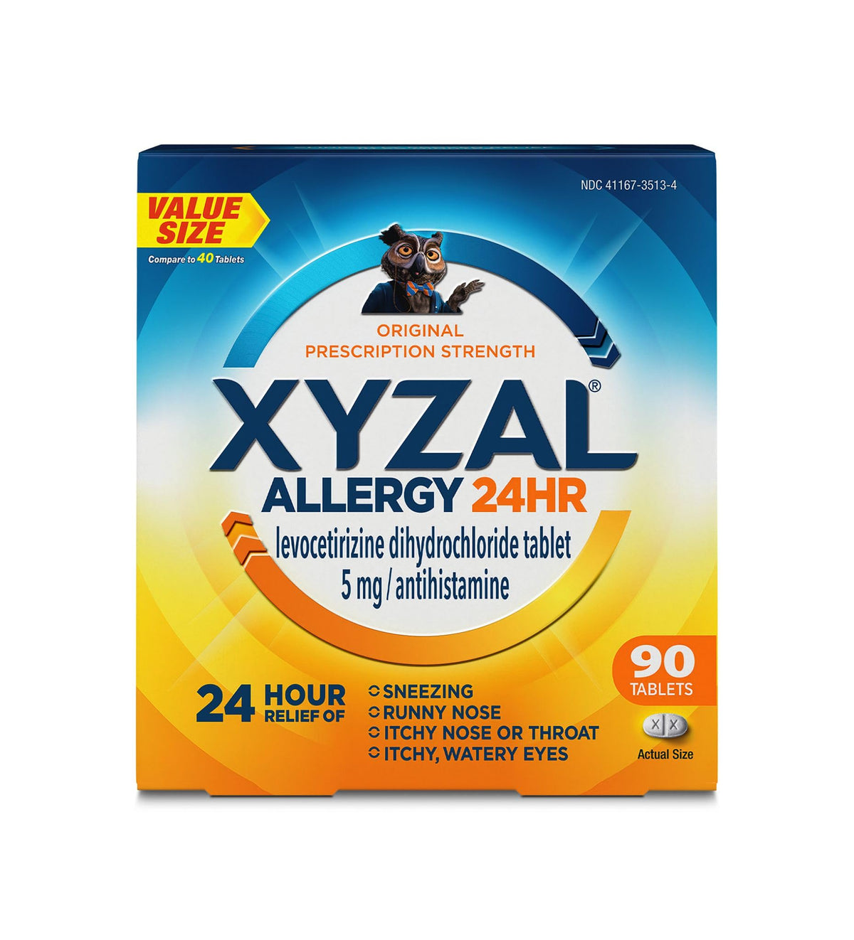Xyzal bottle 90-count for all-day allergy relief.