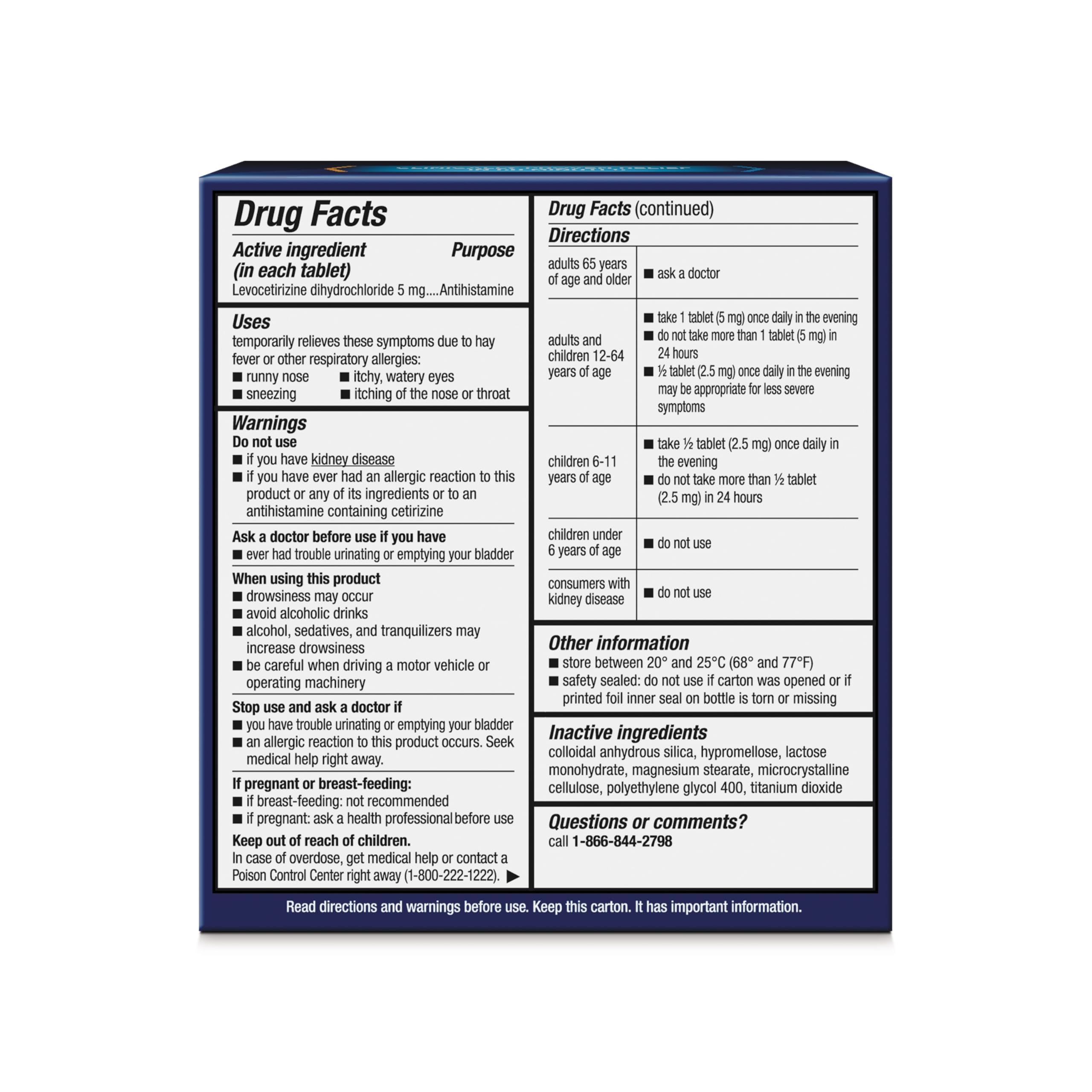 Xyzal bottle back label displays dosage and ingredients.