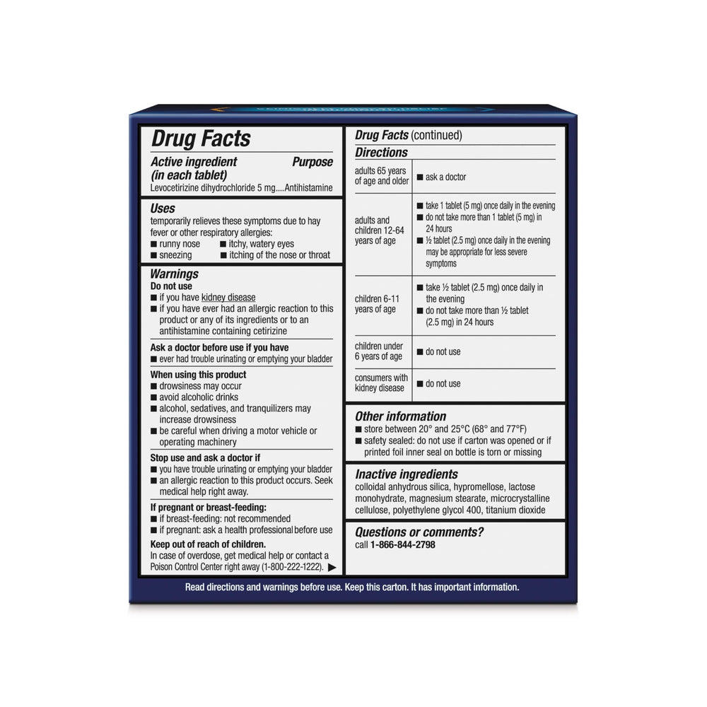 Xyzal bottle back label displays dosage and ingredients.
