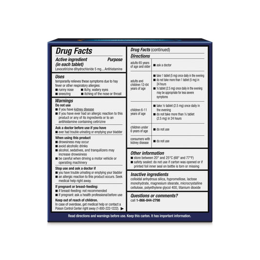 Xyzal bottle back label displays dosage and ingredients.