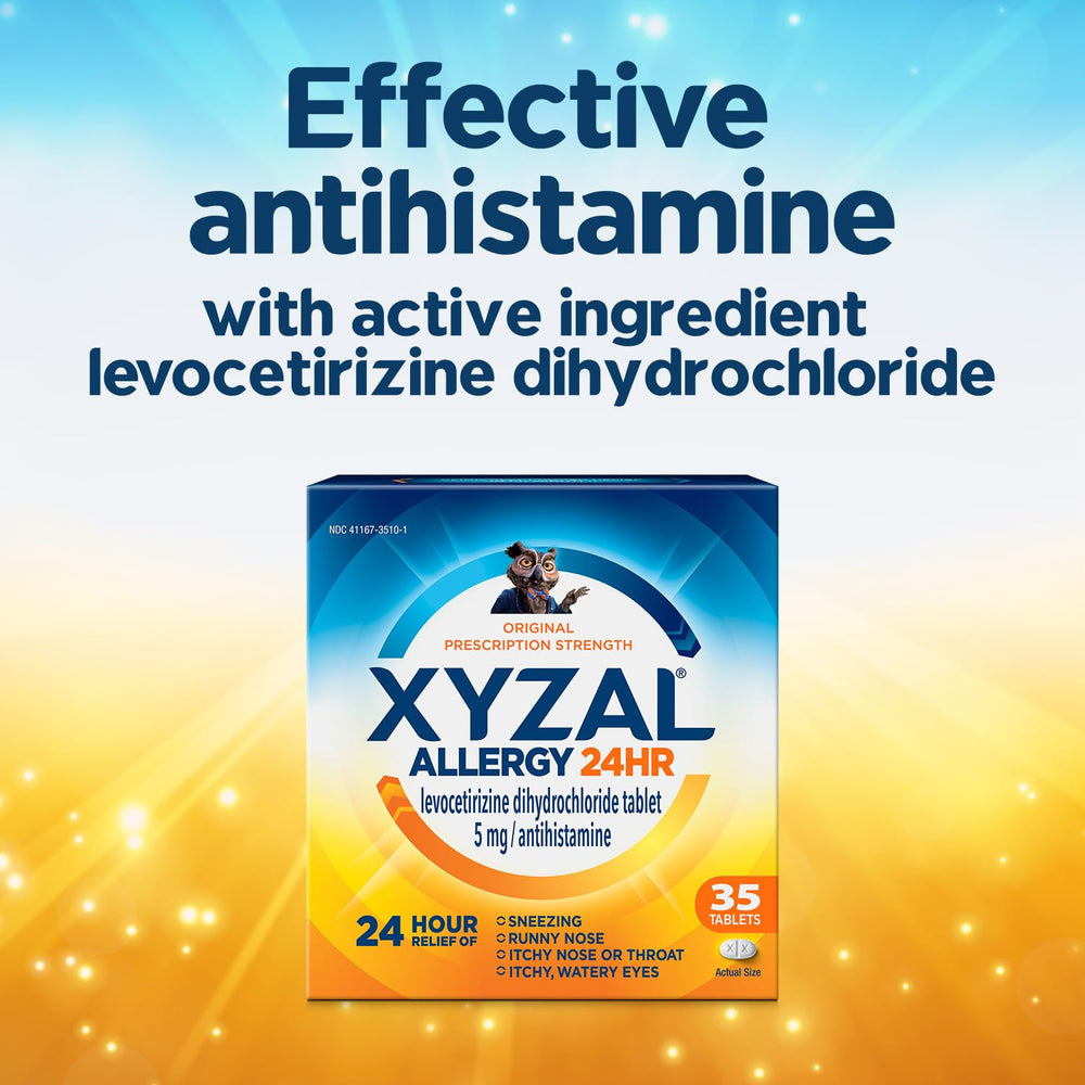 Xyzal 5 mg tablet close-up for all-day coverage after bedtime.