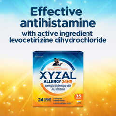 Xyzal 5 mg tablet close-up for all-day coverage after bedtime.
