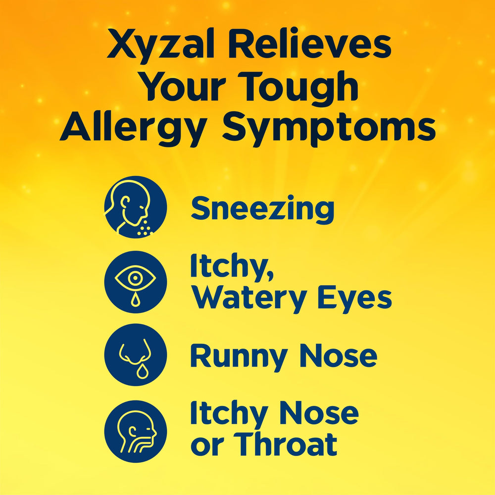 Xyzal tablets close-up showing the 5 mg dose for relief.