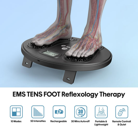 Y&LJ EMS foot massager showing 10 modes for personalized care.
