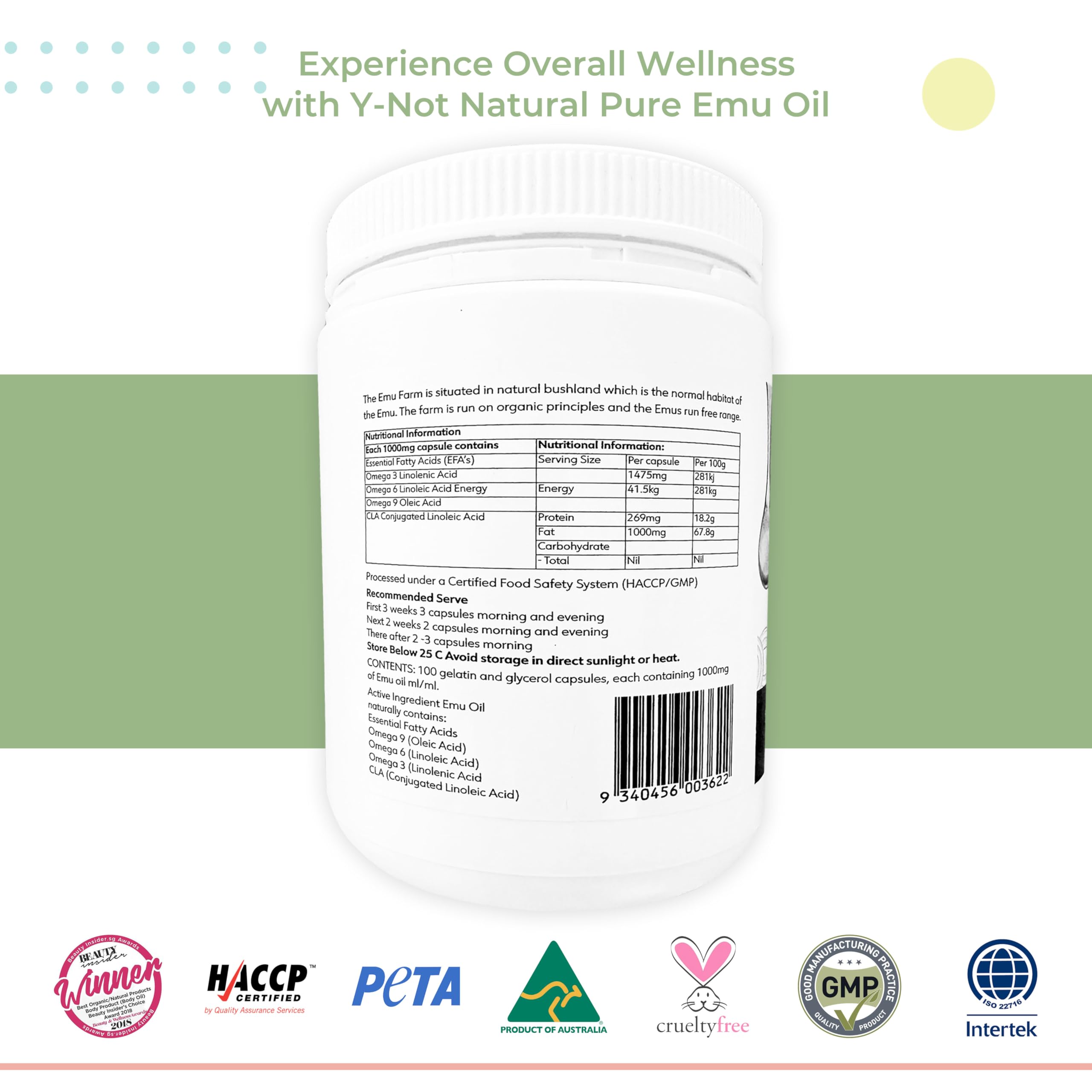 Y Not Natural Emu Oil Capsules blister pack showing 1000mg dose