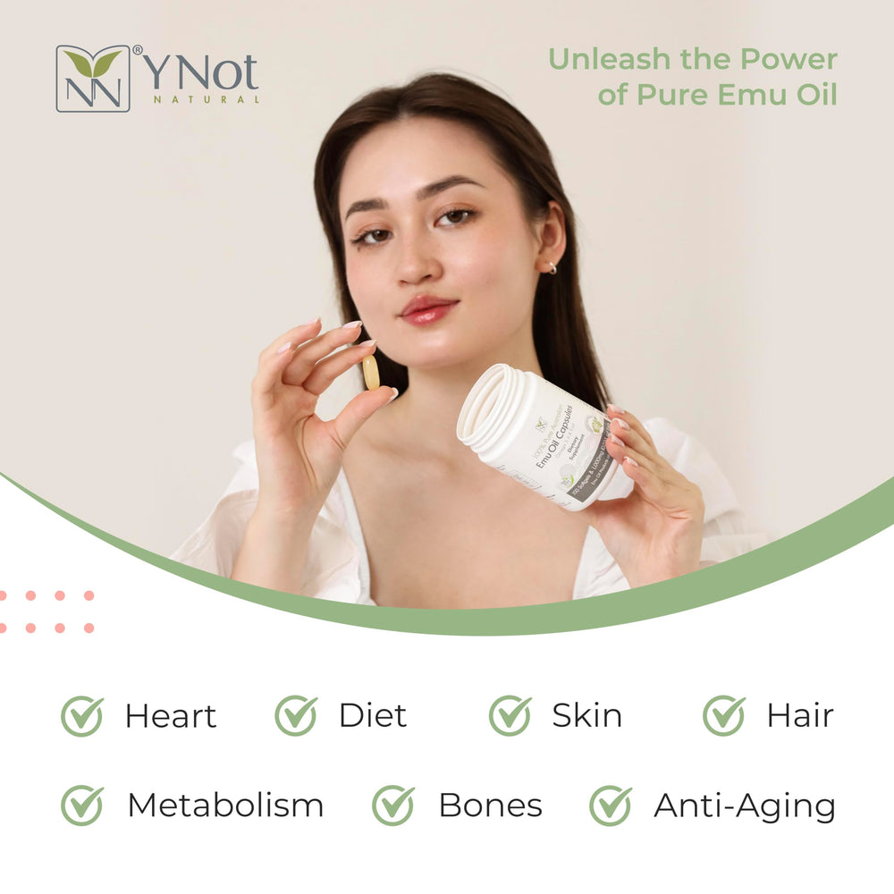 Y Not Natural Emu Oil Capsules glass bottle with pour cap for metabolism support