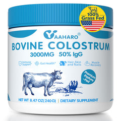YAAHARO bovine colostrum powder bottle on a clean counter, supports daily gut wellness
