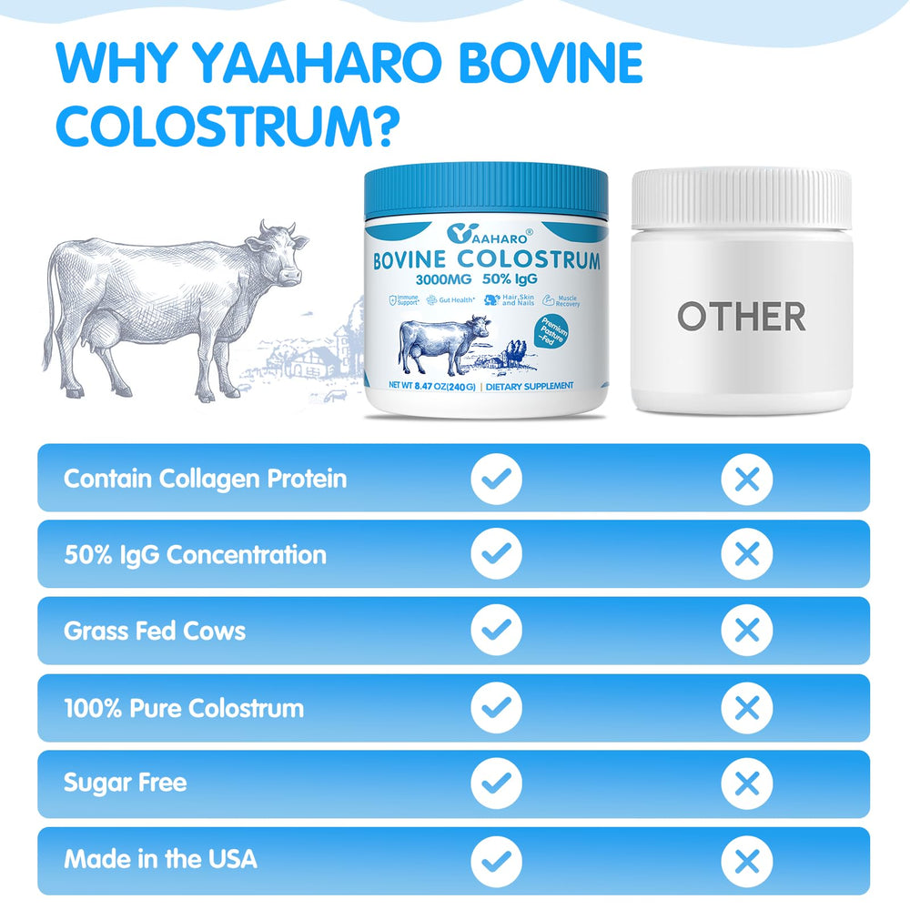 YAAHARO collagen peptides jar beside colostrum powder