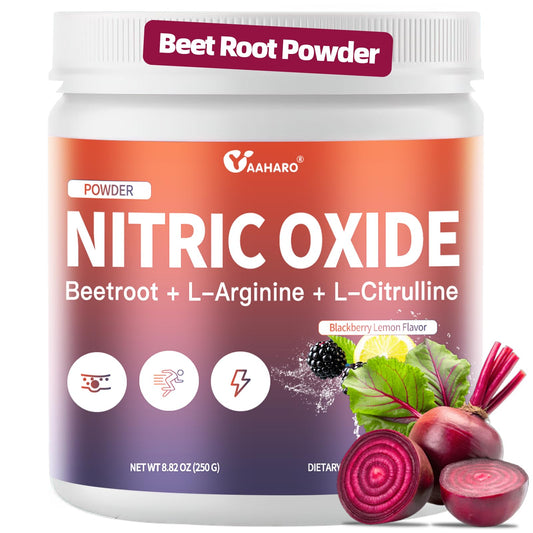 YAAHARO Nitric Oxide supplement bottle with beetroot powder boosts energy support.