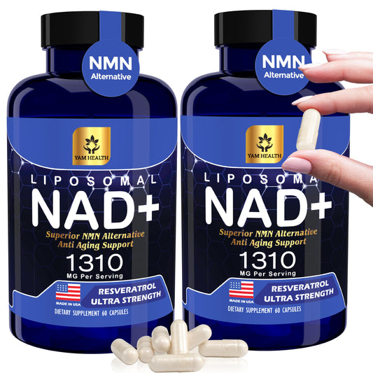 YAM Health liposomal NAD bottle shows premium delivery for energy support.