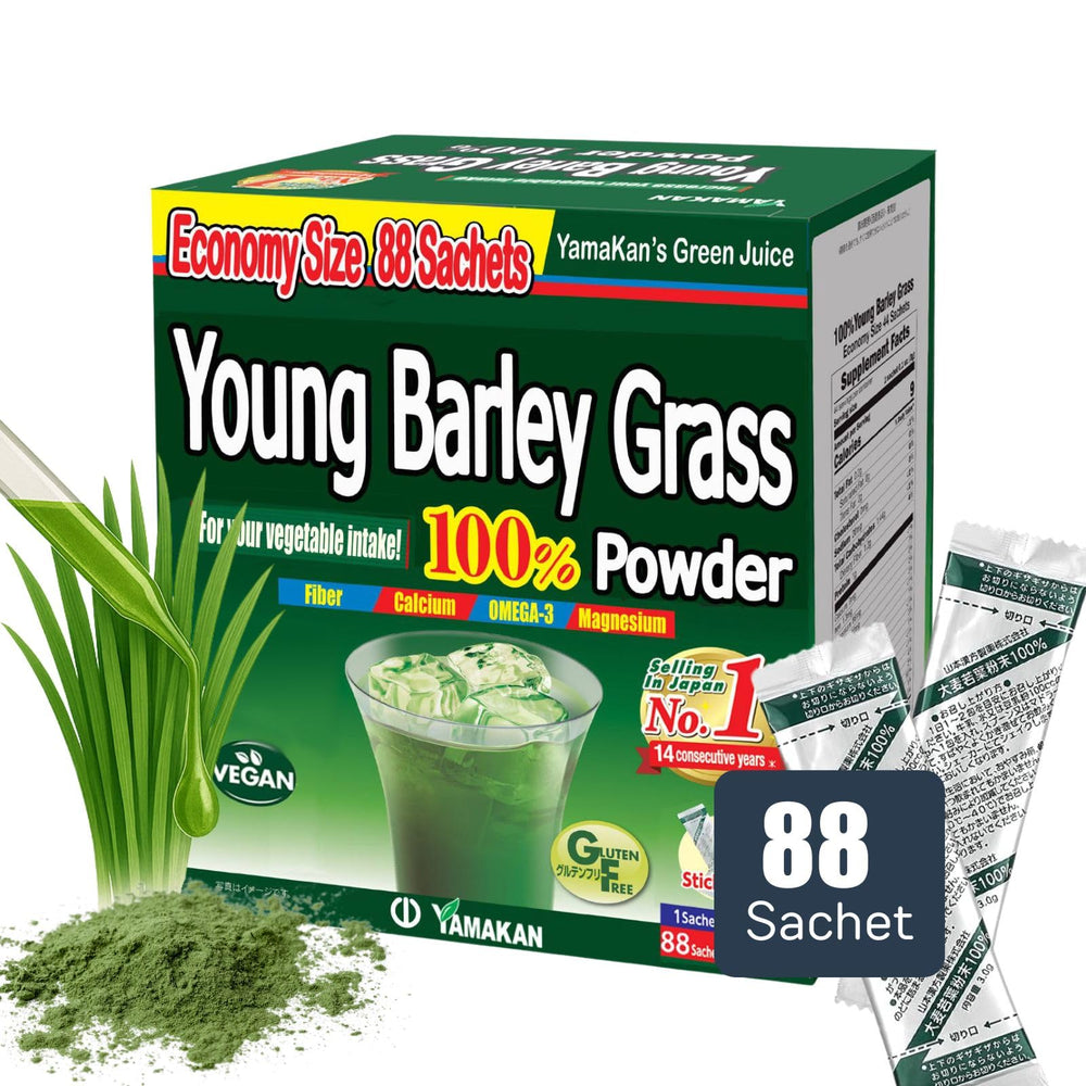 Yamakan Young Barley Grass Powder bottle shows portable daily greens for digestion support.