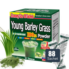 Yamakan Young Barley Grass Powder bottle shows portable daily greens for digestion support.