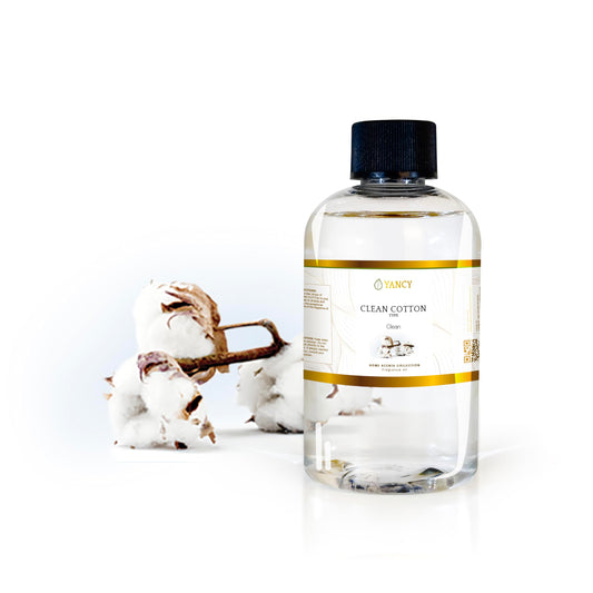 YANCY Clean Cotton fragrance oil bottle-pour refreshes a room with a clean, airy scent.