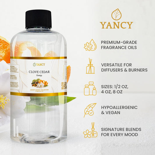 YANCY Clove Cedar fragrance oil in diffuser setup creating warm, grounding ambiance