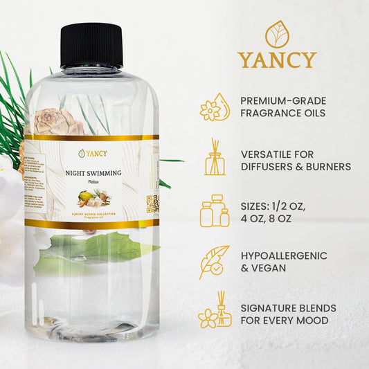 YANCY Night Swimming diffuser scene with fresh ocean notes promoting nighttime relaxation