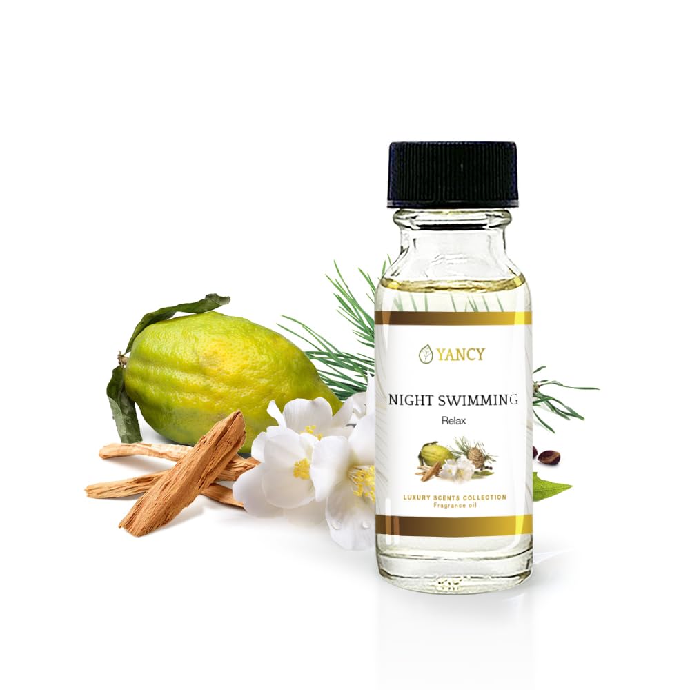 YANCY Night Swimming fragrance oil bottle for diffusers, creating a calm, refreshing night atmosphere.