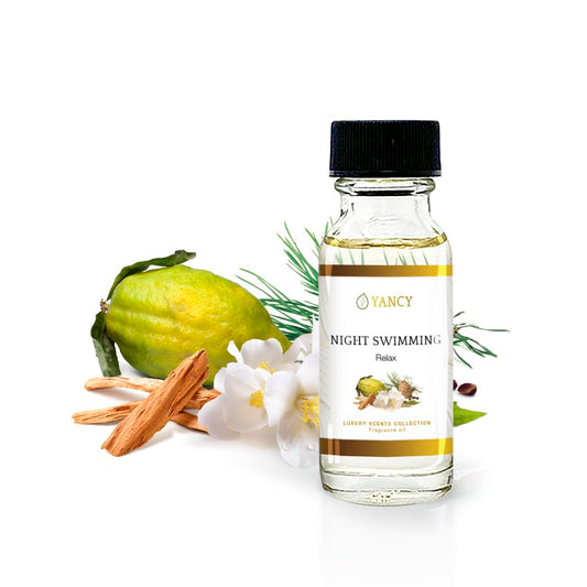 YANCY Night Swimming fragrance oil bottle for diffusers, creating a calm, refreshing night atmosphere.
