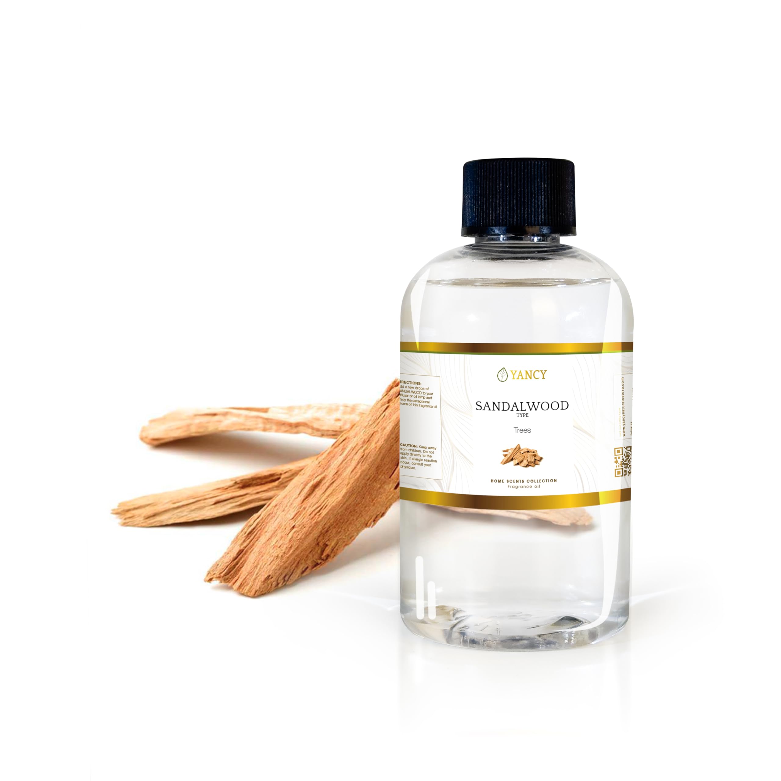 YANCY Sandalwood Luxury bottle front, ideal for diffusers and calm spaces.