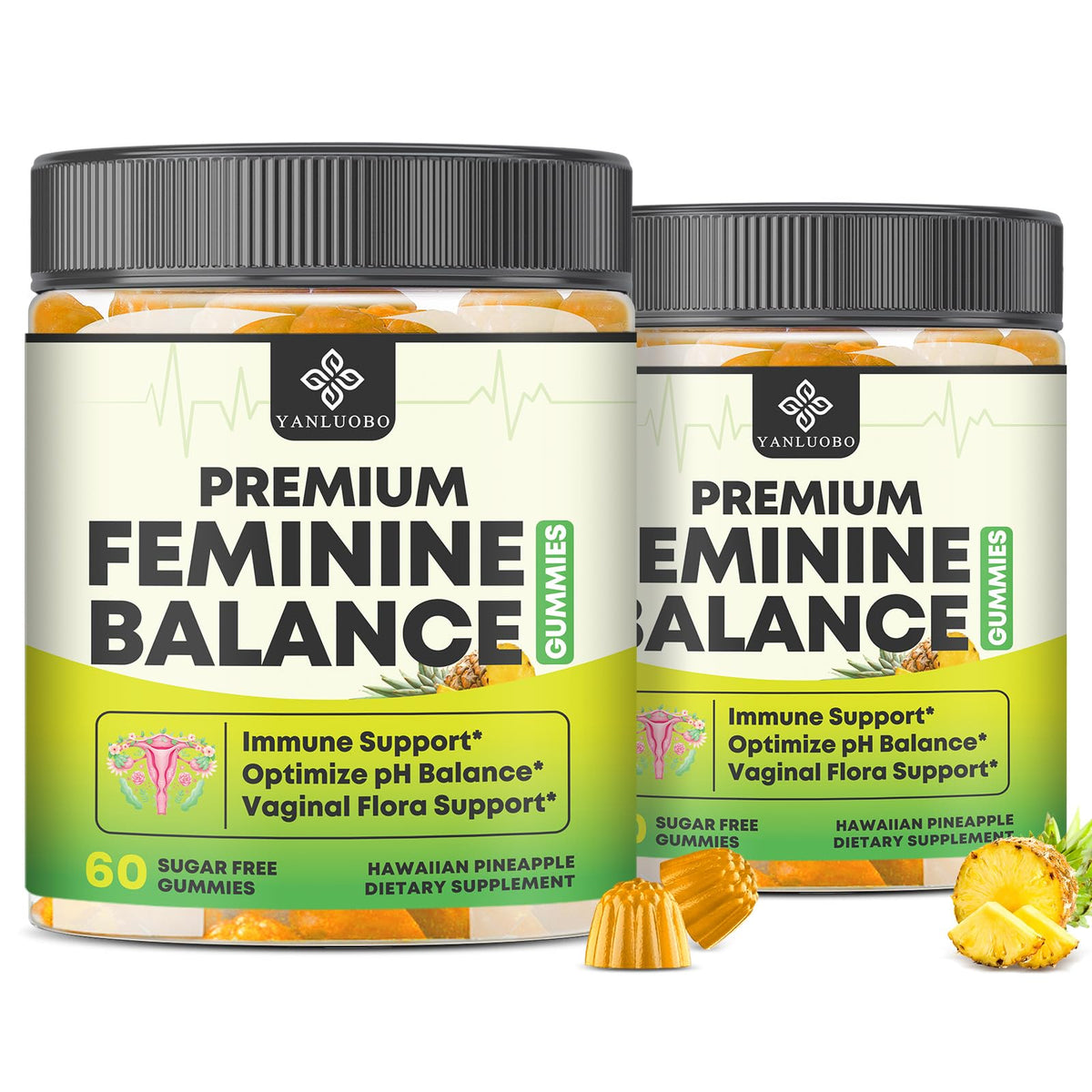 YANLUOBO Feminine Balance Gummies pineapple front bottle for daily wellness.