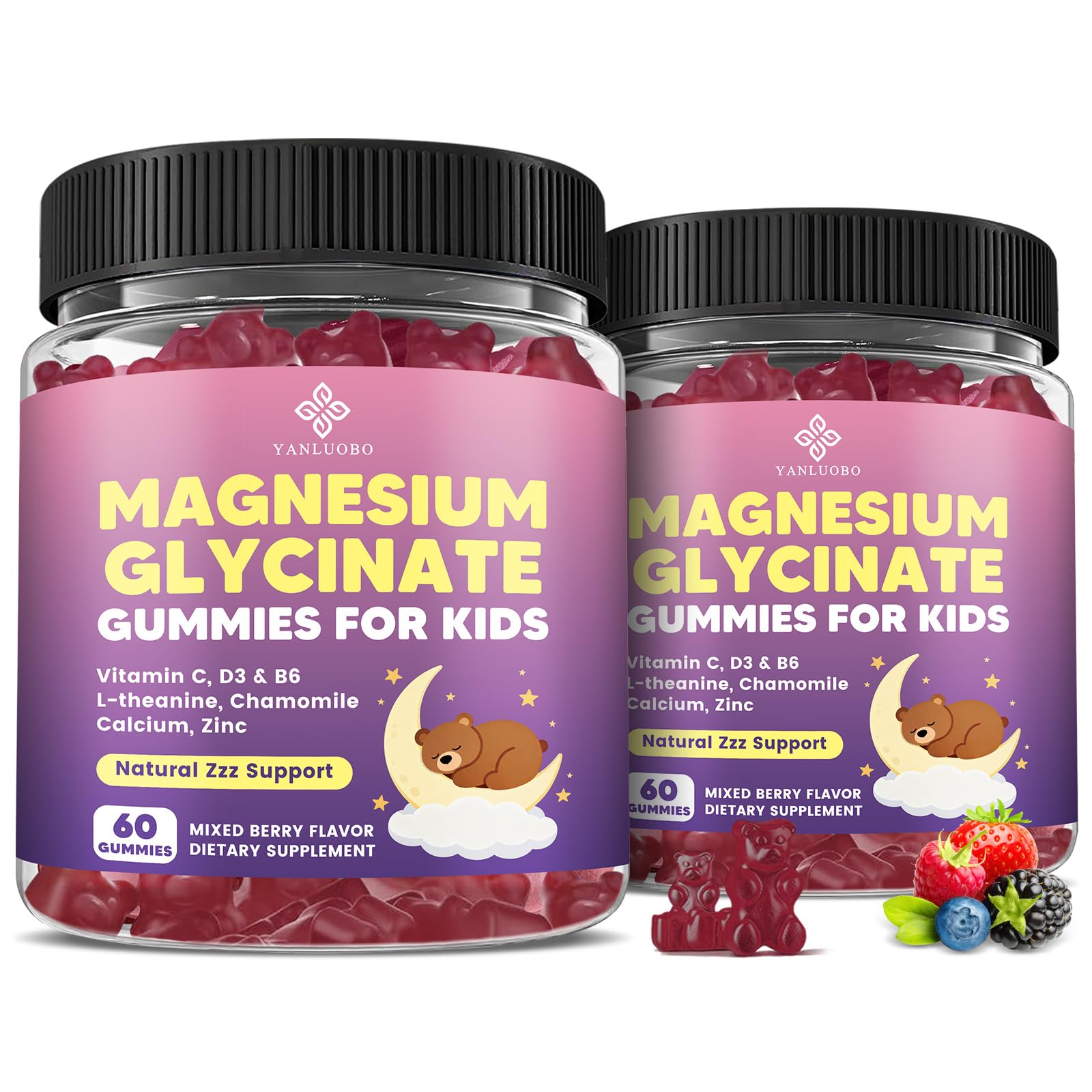 YANLUOBO Kids Magnesium Gummies bottle front, sugar-free berry flavor for daily calm and immune support