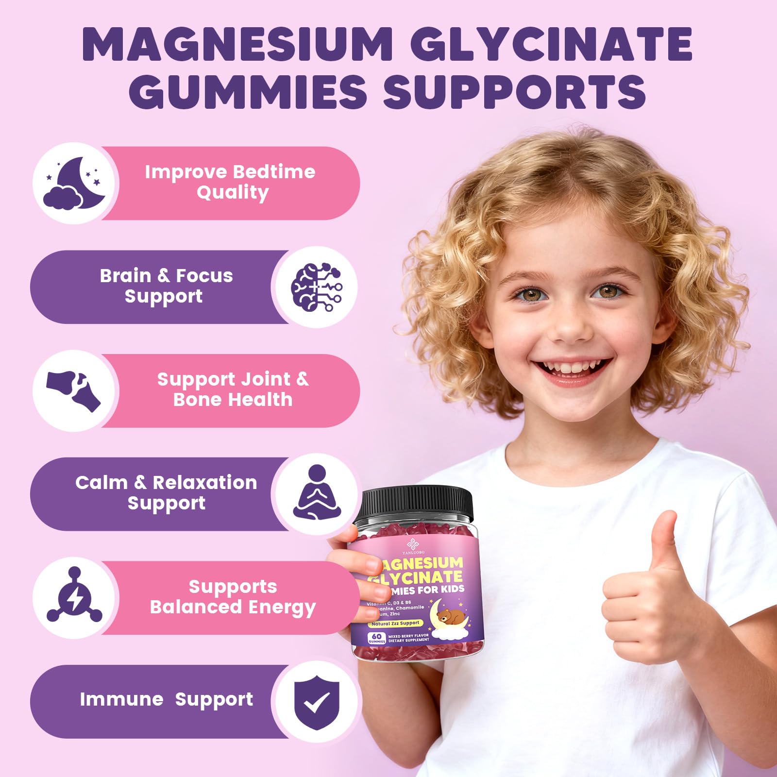 YANLUOBO Kids Gummies child holding bottle, easy daily supplement for routines