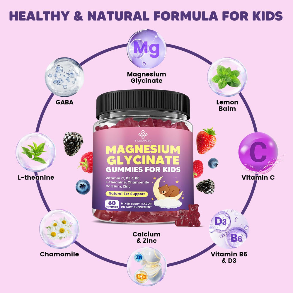 YANLUOBO magnesium gummies ingredients panel highlighting L-Theanine and Chamomile for relaxation