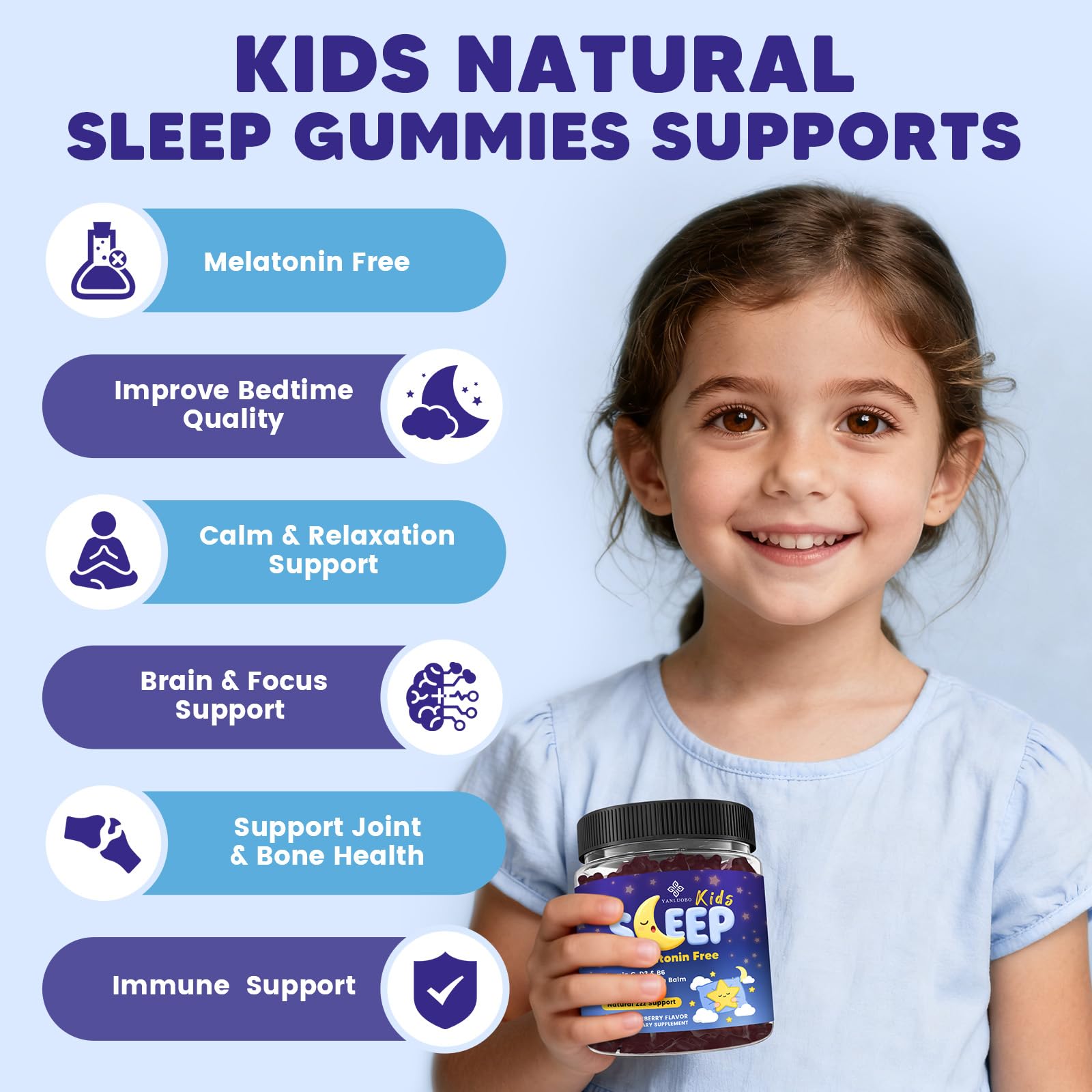YANLUOBO Kids Sleep Gummies ingredients list featuring magnesium glycinate and L-theanine