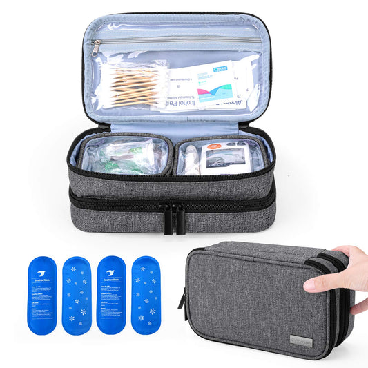 Yarwo insulin cooler travel case front view with organized pockets for essentials.
