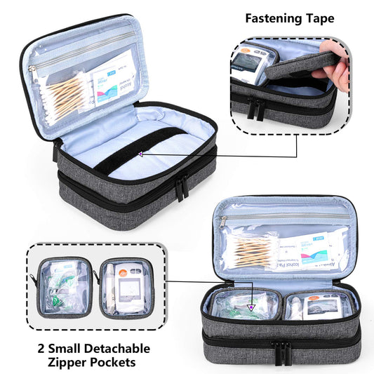 Yarwo insulin cooler travel case pockets display for glucose monitor and strips.