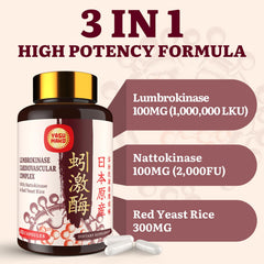 Yasumako red yeast rice bottle label shows the potent 3-in-1 blend.