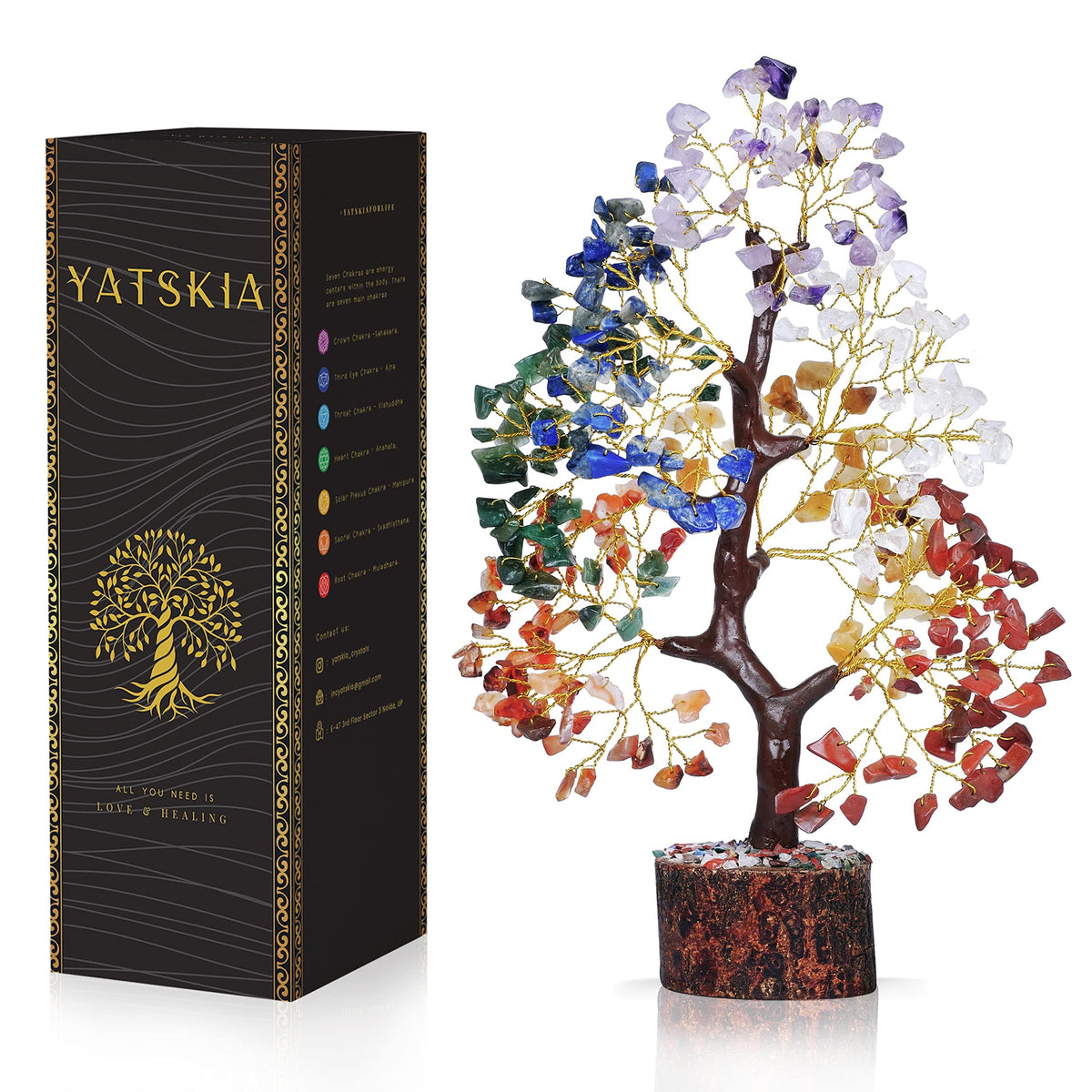 YATSKIA 7 chakra crystal tree on wood base showing vibrant stones for calm decor and focus.