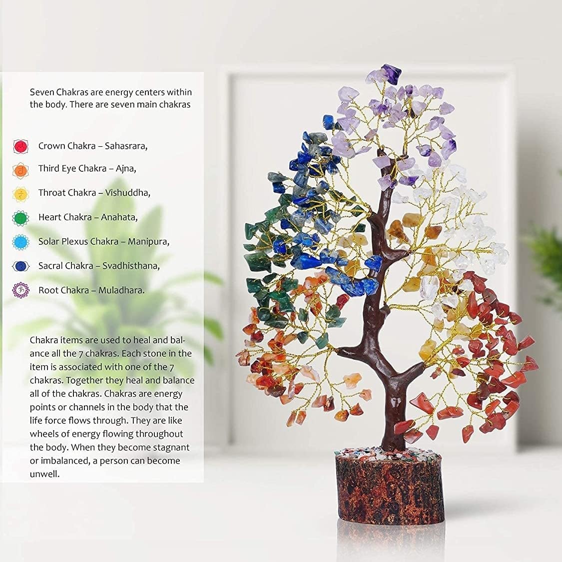 YATSKIA crystal tree on a wood base displays natural stones for serene spaces.