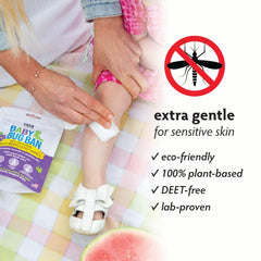 YAYA Organics Baby Bug Ban Spray being spritzed for quick outdoor protection