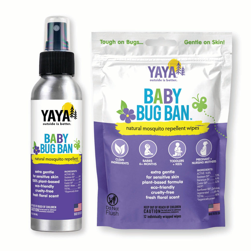 YAYA Organics Baby Bug Ban Spray bottle front view for gentle family repellent use