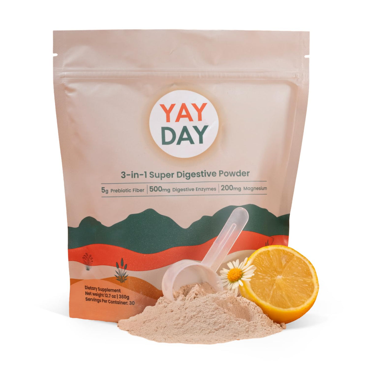 YayDay Nighttime powder bottle on kitchen counter for overnight gut support