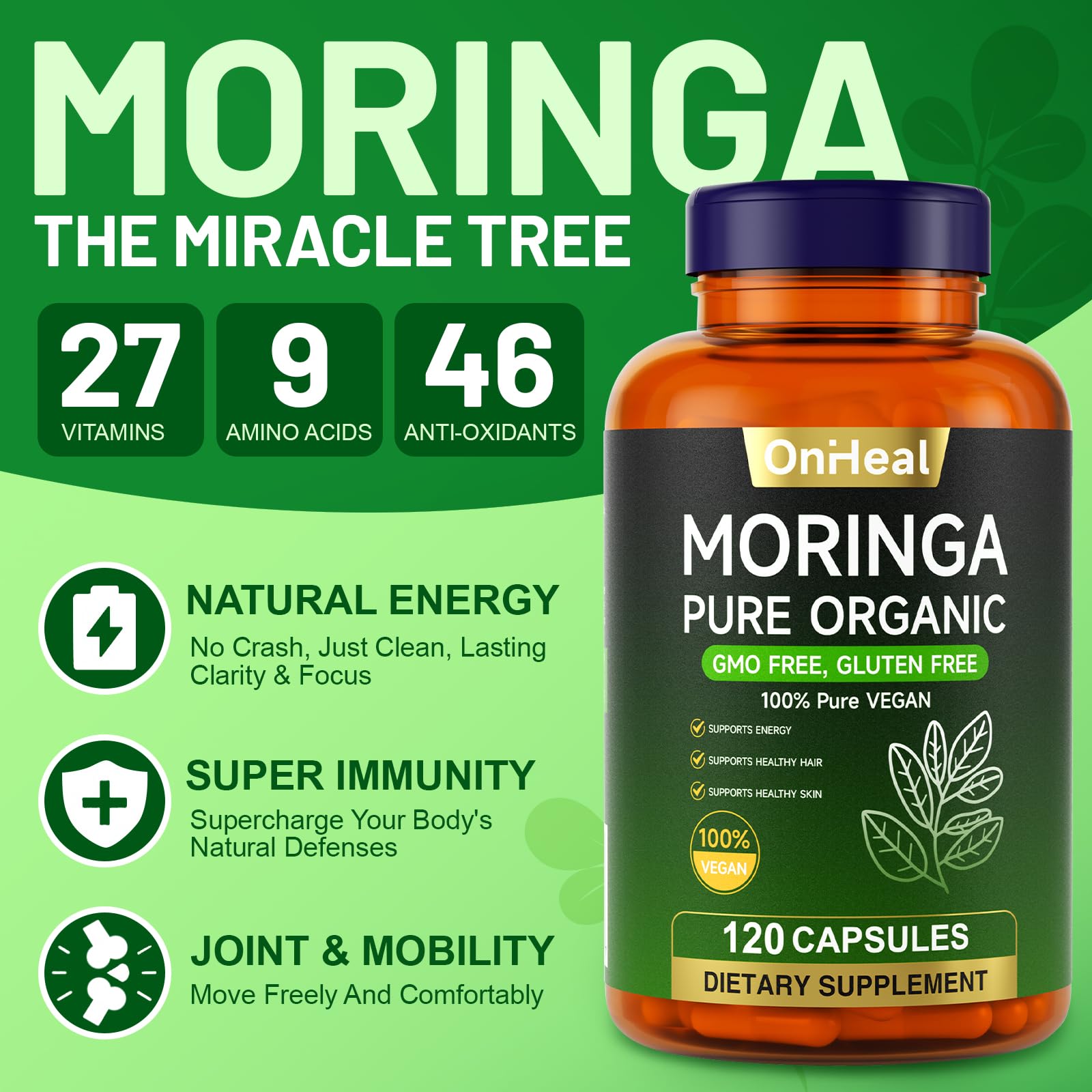 YBFQ moringa capsules label closeup highlighting organic vegan quality
