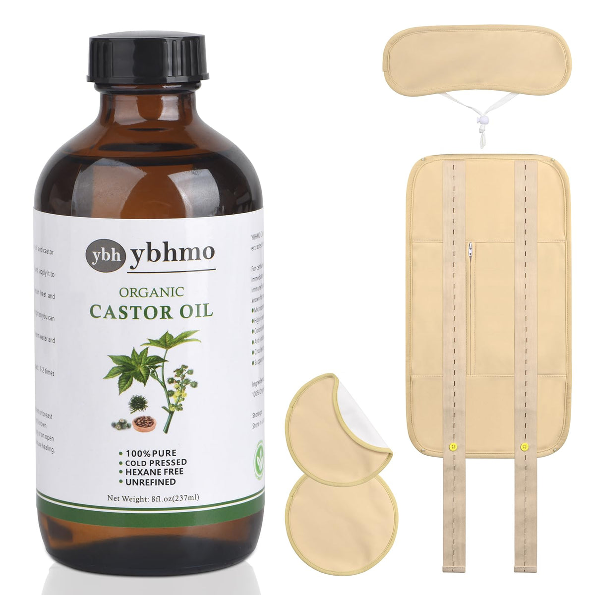 YBHMO organic castor oil 8oz bottle for skin care and massage